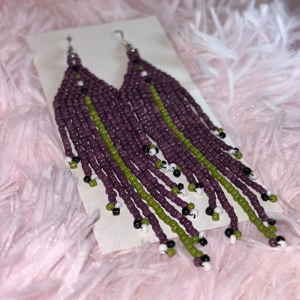 Purple and Green Beaded Earrings
